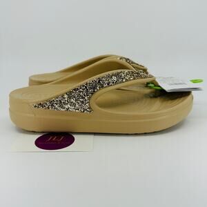 Crocs Women's Sloane Glitter Wedge Flip Comfort Sandals Chai/Gold 207665 Size 6